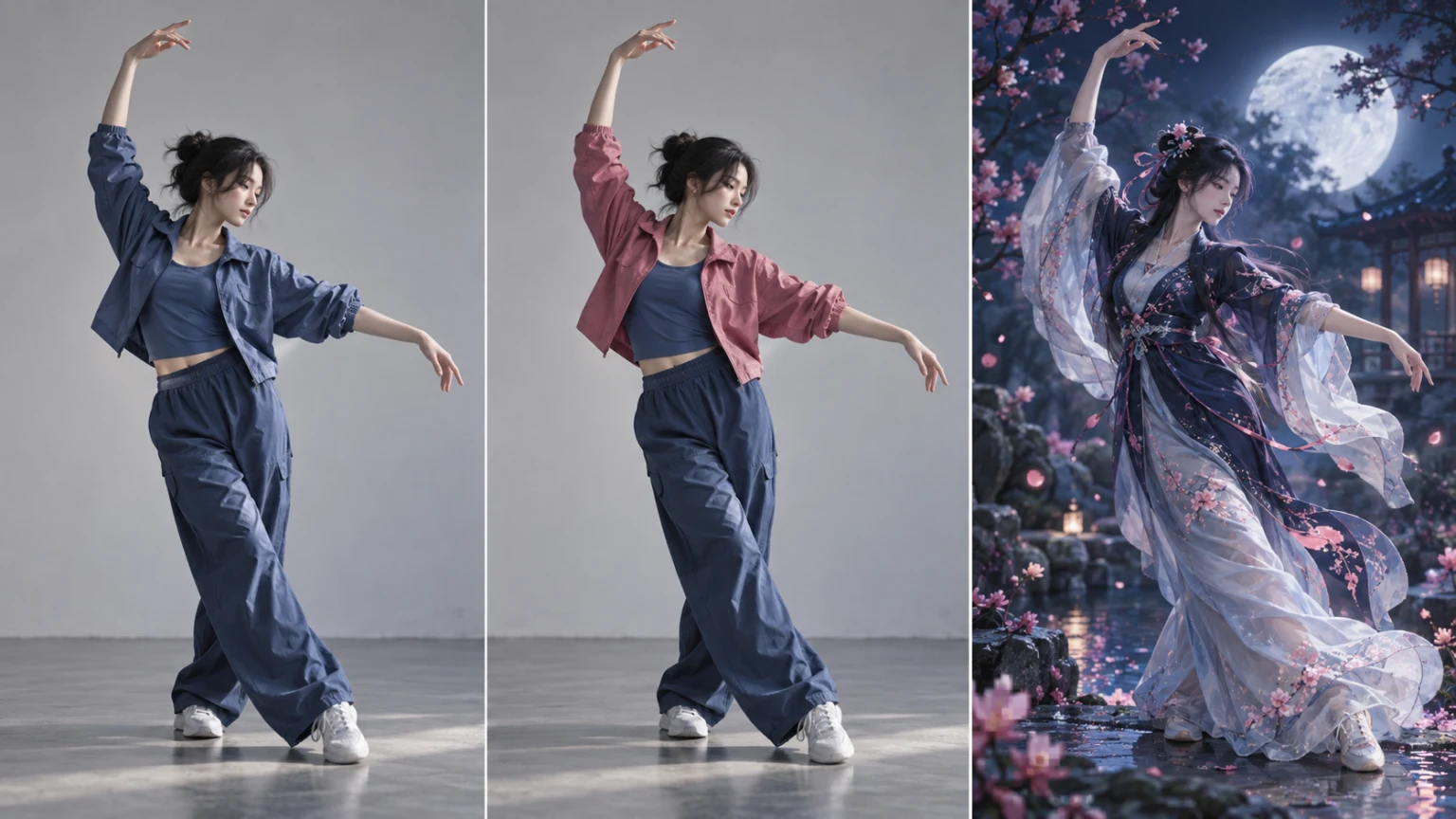 Concept illustration of a source performance, a targeted outfit edit and a rebuilt moonlit scene.