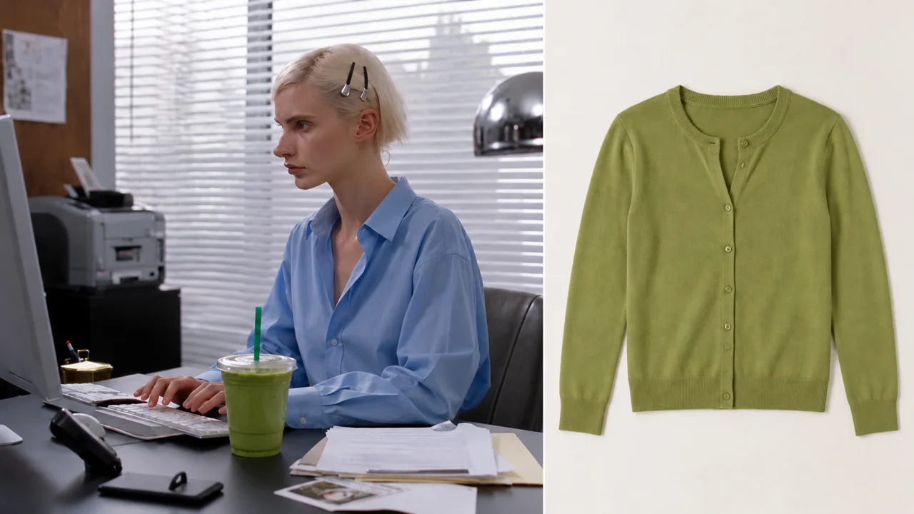 A blue-shirt source frame beside the target green cardigan reference