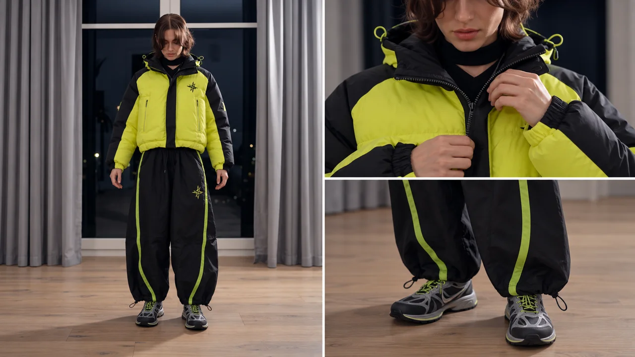 A yellow jacket with close views of zipper, cuffs and trouser hems