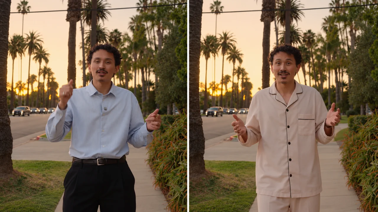 A blue shirt and pale pajamas compared in the same street scene